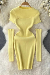 Hollow Out Short Sleeve Knitted Mini Dress with Cuffs Two Piece