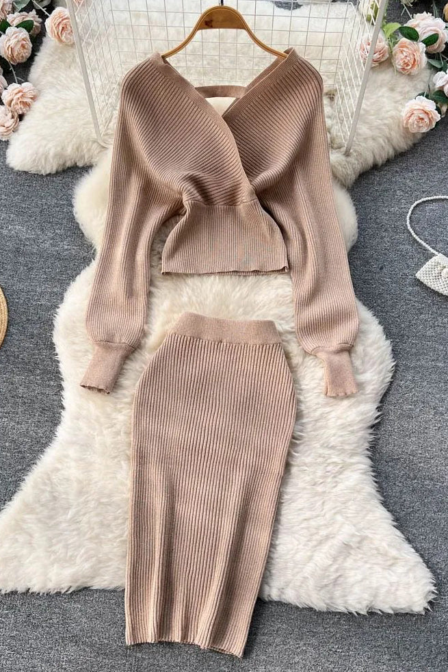 Elegant Batwing Sleeve Knitted Sweater Tops + Skinny Slim High Waist Wrap Hips Skirts Set