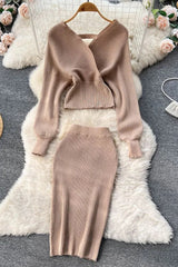Elegant Batwing Sleeve Knitted Sweater Tops + Skinny Slim High Waist Wrap Hips Skirts Set