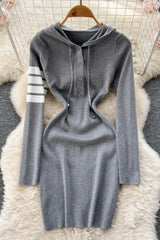 Casual Hooded Vestidos Dress Lady Knitted Sweater Dress