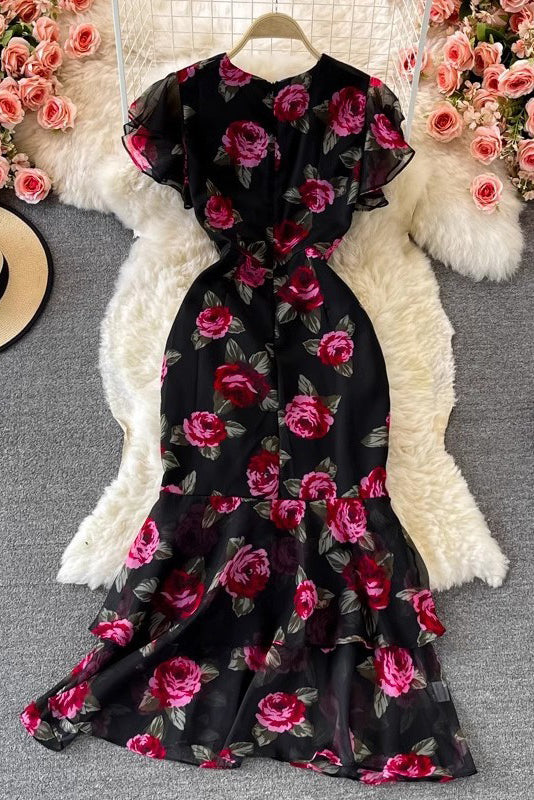 Flower Print Chiffon Ruffle Dress