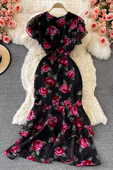 Flower Print Chiffon Ruffle Dress