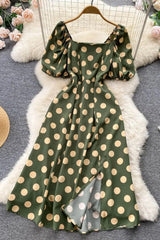 Big Polka Dot Long Dress Elegant Puff Sleeve Split Big Hem Dress