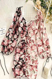 Flower Print V Neck Mini Dress Hot Patchwork Lantern Sleeve Ruched Dress