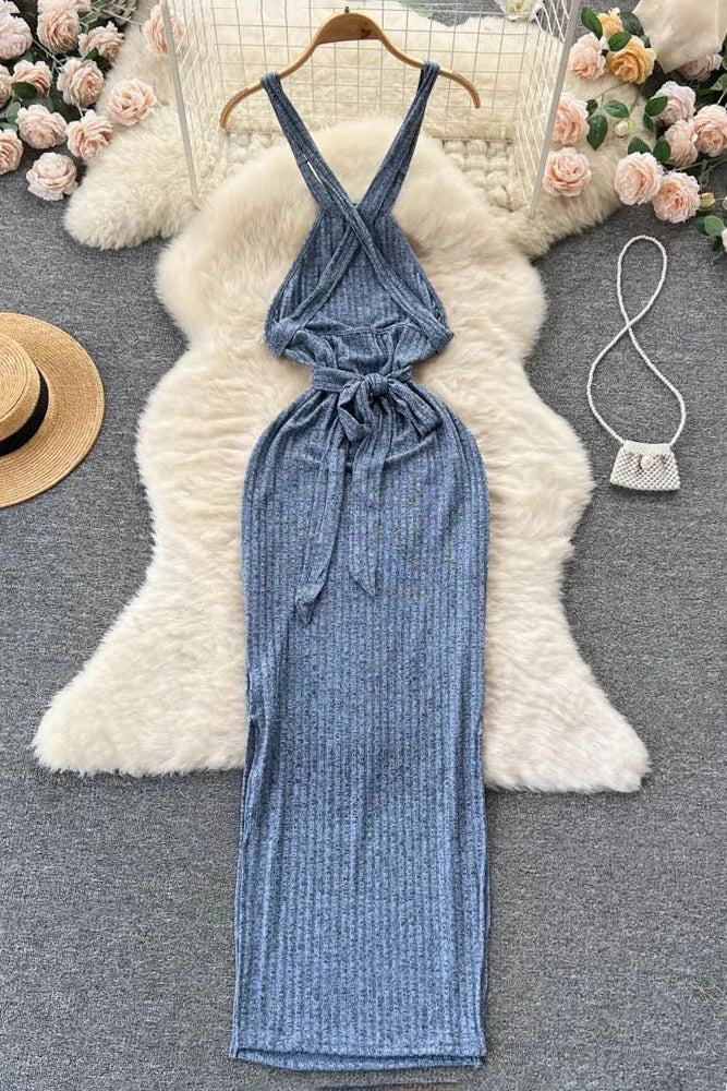 Backless Bandage Long Dress Side Split Dress
