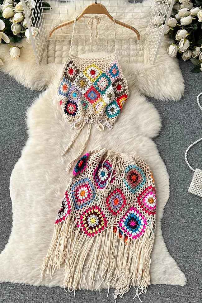 Sleeveless Camis Tops + High Waist Tassel Mini Skirts
