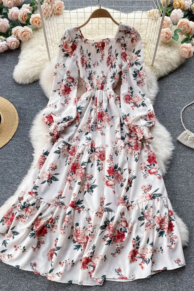 Dress Romantic Floral Print Long Puff Sleeve Maxi Dress