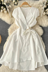 Dress Elegant Turn-down Collar Asymmetrical A-line Wrap Dress Shirt Female Dress