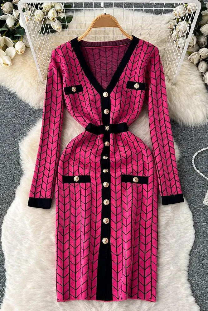 Dress V-neck Buttons Split Knitted Sweater Dress