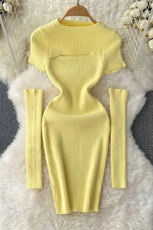 Hollow Out Short Sleeve Knitted Mini Dress with Cuffs Two Piece