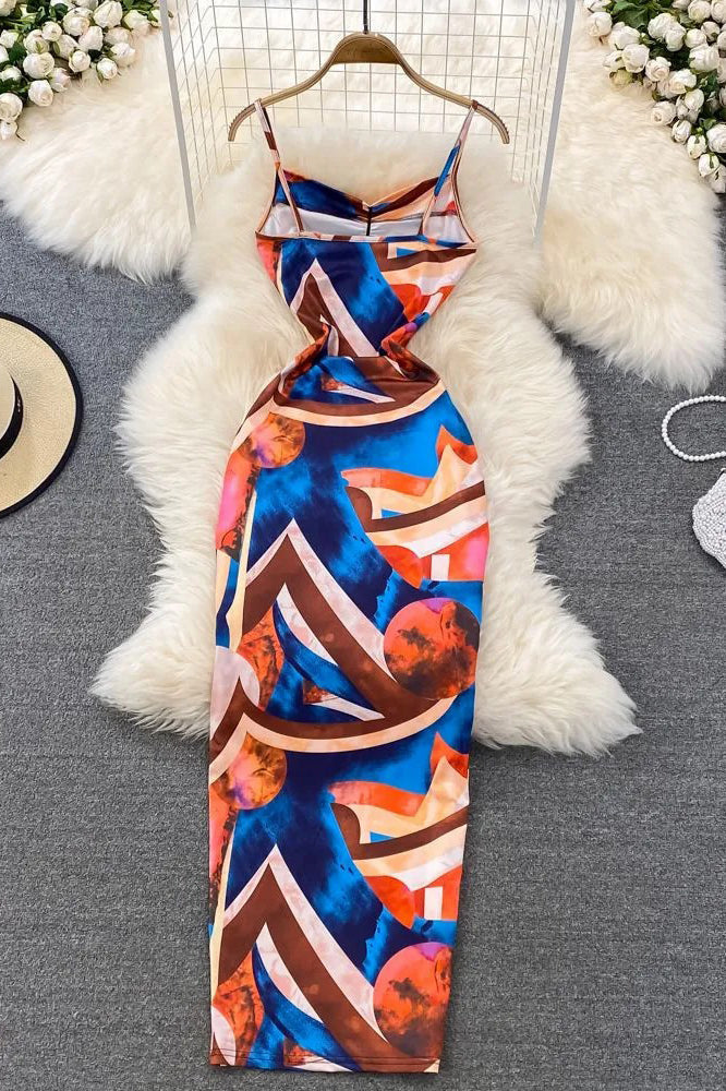 Colorful Print Dress Slim Elastic Straps Bodycon Long Dress