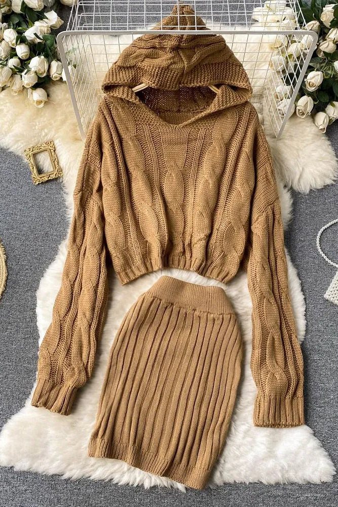 Hooded Sweaters Tops + Skinny High Waist Mini Skirts Two PCS Suits