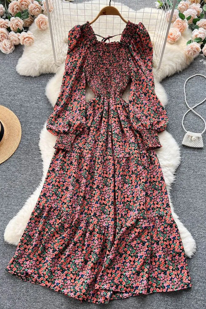 Elegant Flower Print Long Dress Square Collar Puff Sleeve Party Female Vestidos Dress