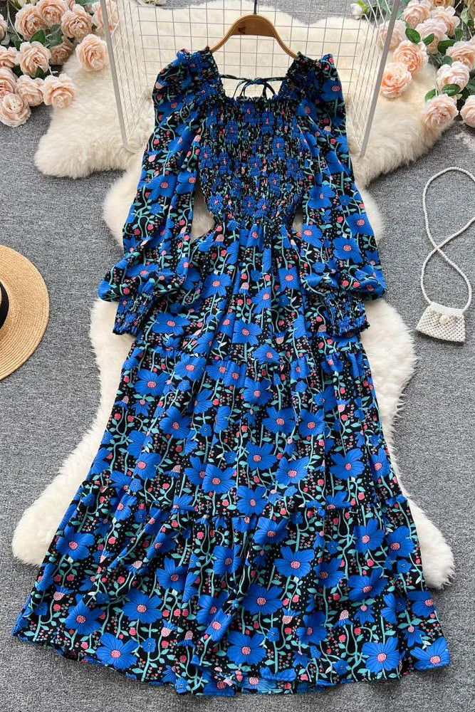 Elegant Flower Print Long Dress Vintage Square Collar Puff Sleeve Party Dress