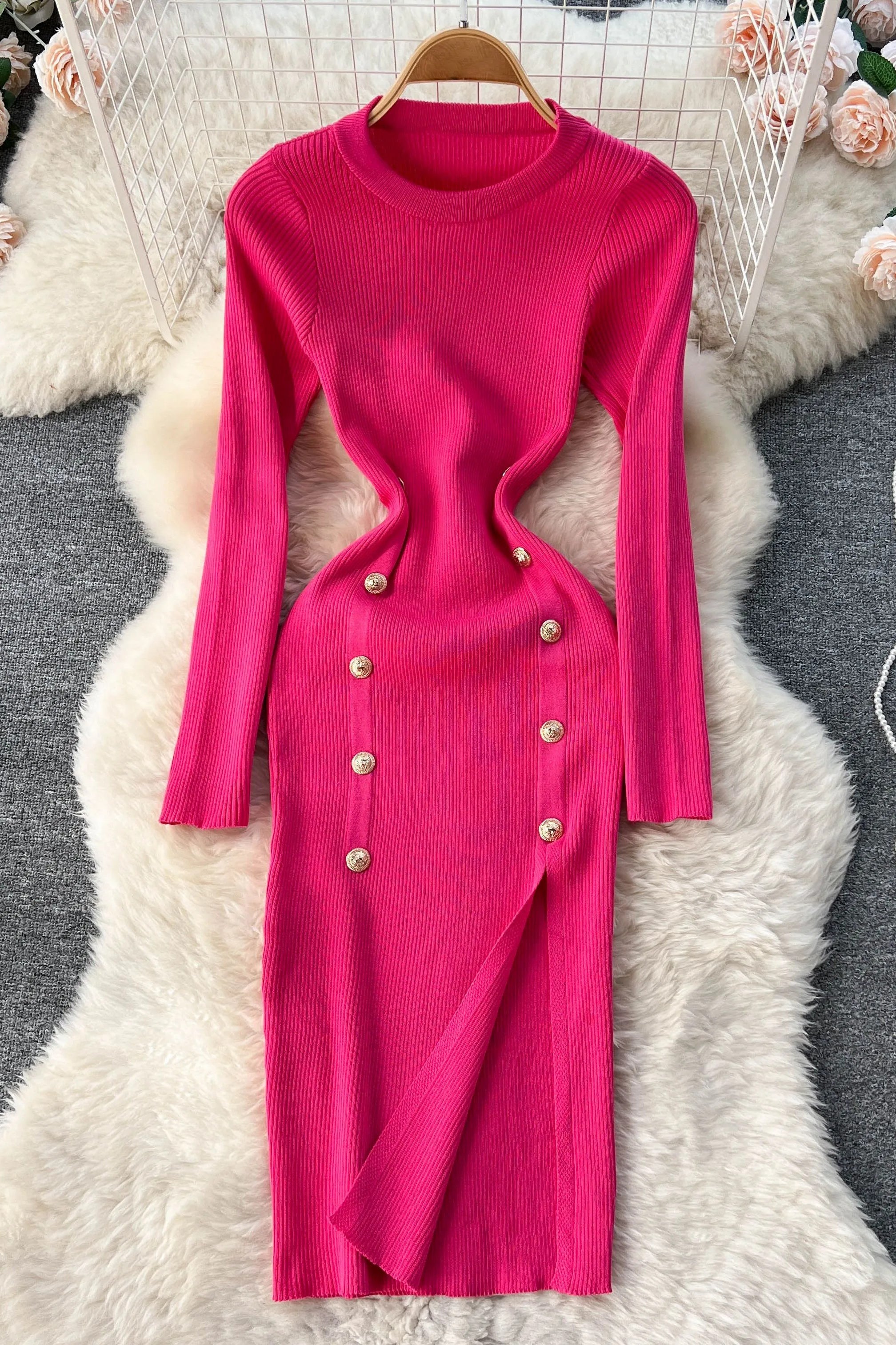 Dress Elegant Double-breasted Split Knitted Wrap Hips Bodycon Dress