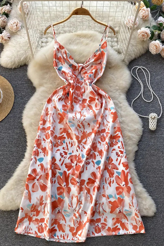 Colorful Flowers Print Dress Knot V-neck High Waist Straps Long Vestidos Dress