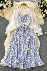 Floral Print Strap Dress + Chiffon Shawl Vacation Two Piece Suits