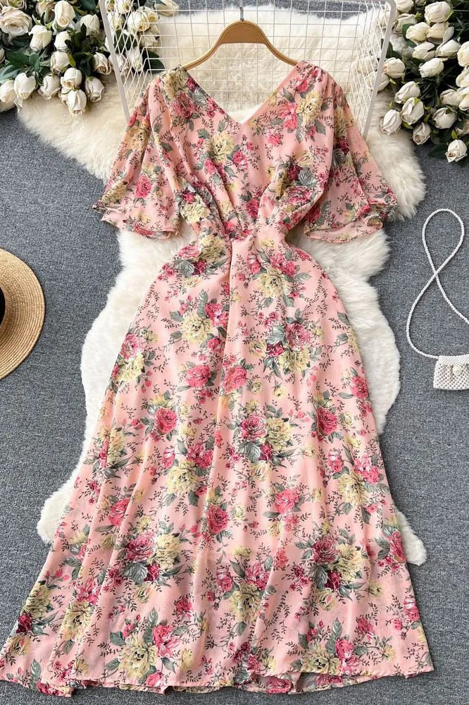 Dress Romantic Floral Print Long Chiffon Dress