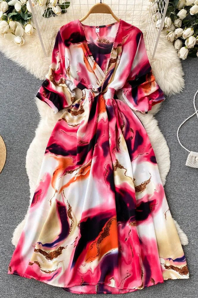 Dress Print Slim Waist Long Dress Vacation Beach Robe Dress