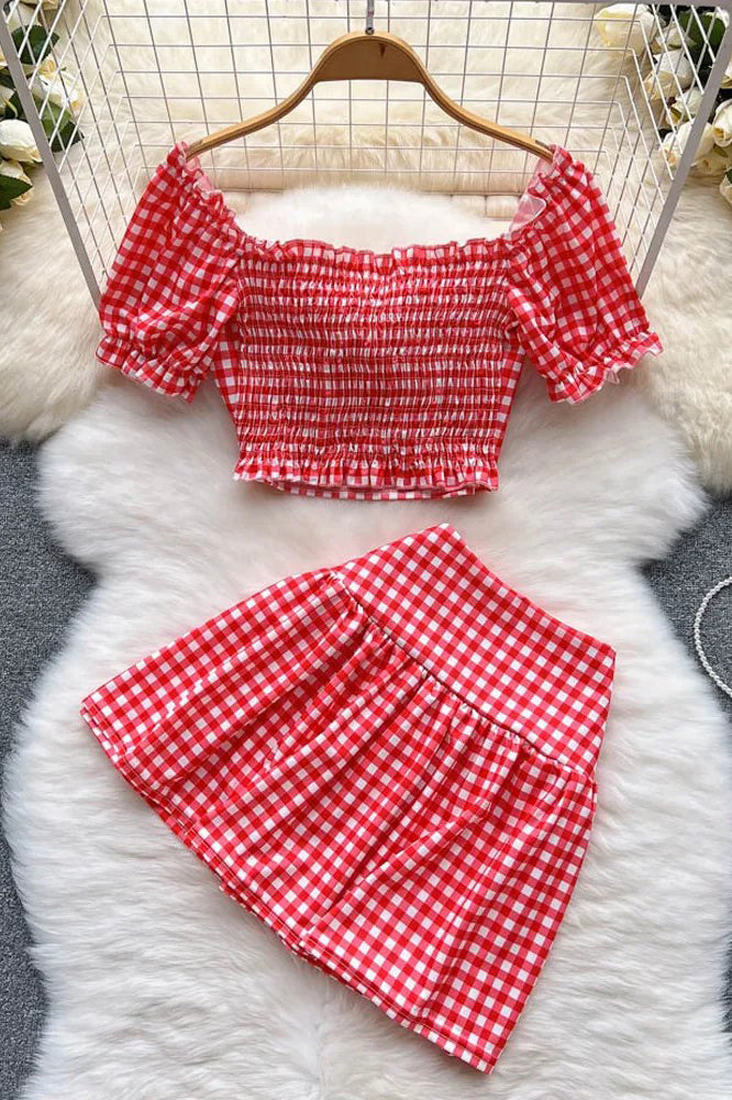 Sweet Bow Plaid Crop Tops + Slim High Waist Mini Skirts Two Piece Suits