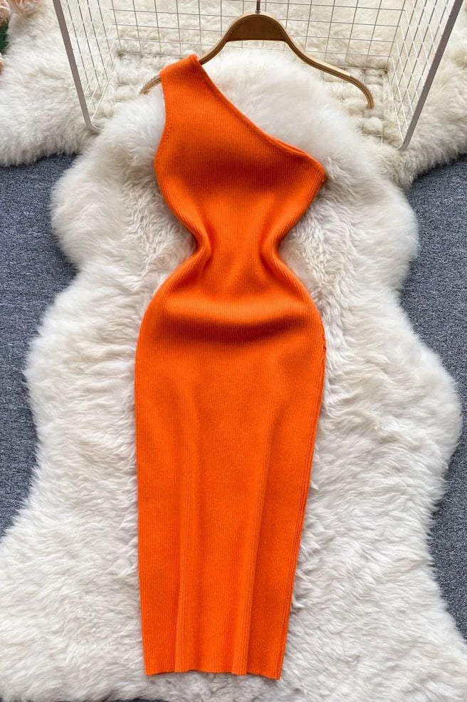 Dress One Shoulder Knitted Bodycon Dress Office Lady Outfits Elegant Dress