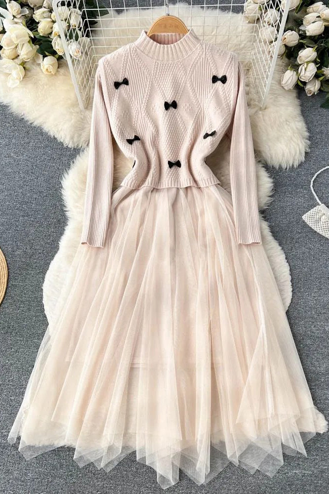 Elegant Lace Patchwork Knitted Sweater Dress Retro Bow Vest + Long Dress 2PCS