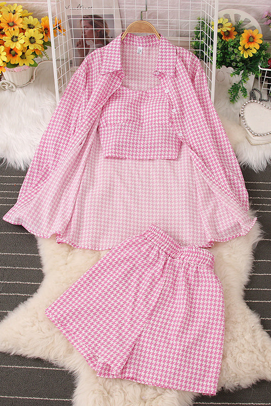 Long Sleeve Plaid Shirt Strap Vest Tank Top Shorts Set Three-Piece