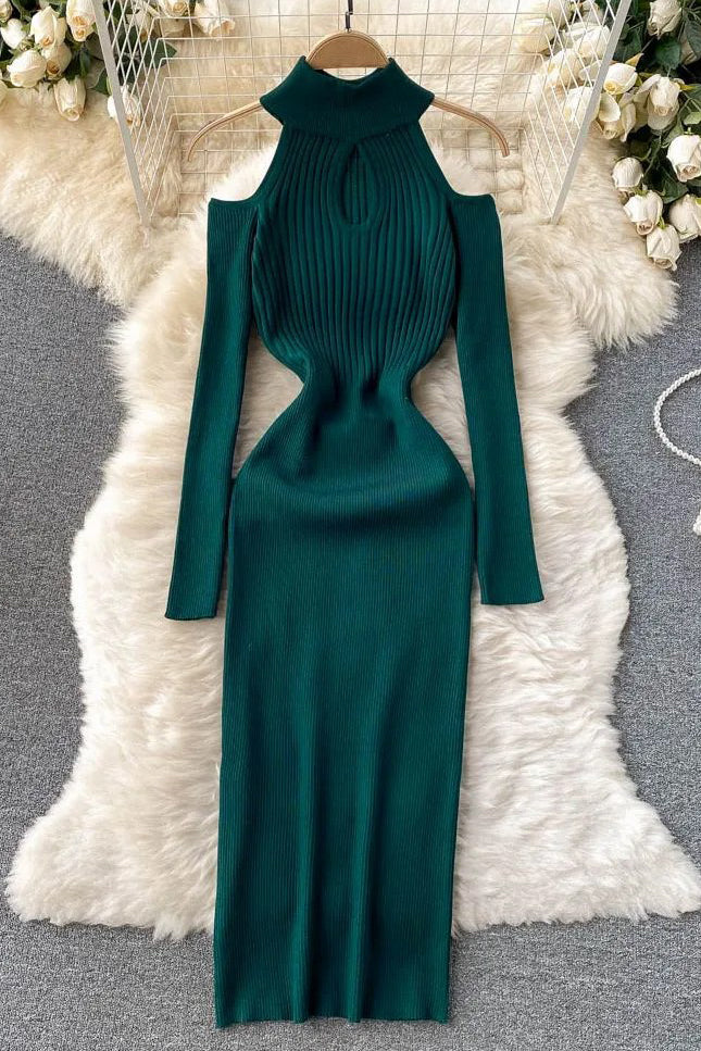 Off Shoulders Long Sleeve Dress Bodycon Knitted Sweater Dress