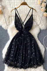 Backless Sequin Dress Deep V-neck Criss-cross Bandage Short Lace Party Dress