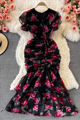 Flower Print Chiffon Ruffle Dress