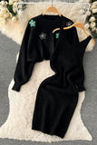 Elegant Dress Two Piece Flower Embroidery Pullover Sweaters + Knitted Mini Dress Suits