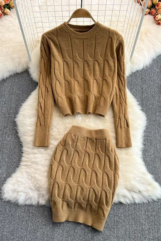 Long Sleeve Knitted Tops + Slim Mini Skirts Two Piece Suits