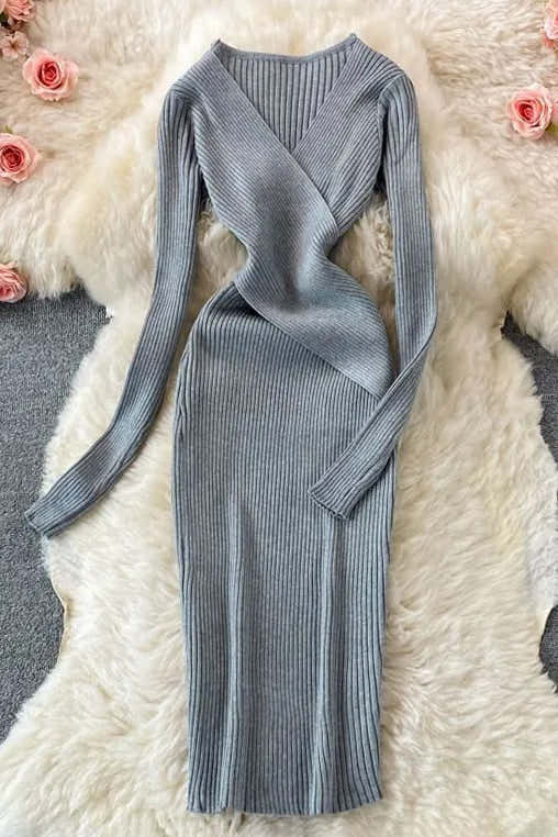 Dress Elegant Cross V-neck Slim Waist Knitted Bodycon Dress