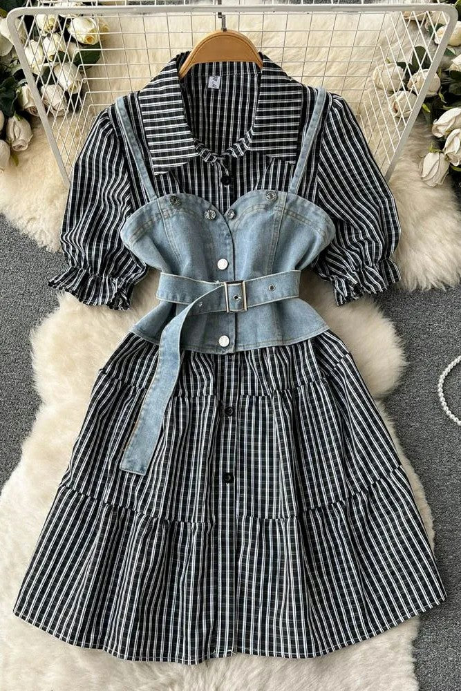 Retro Gothic Denim Vests + Striped Short Shirt Dress 2 pcs Sets
