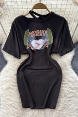 Cutout Waist Mini Dress Short Sleeve Breathable Print T-shirt Dress
