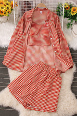 Long Sleeve Plaid Shirt Strap Vest Tank Top Shorts Set Three-Piece