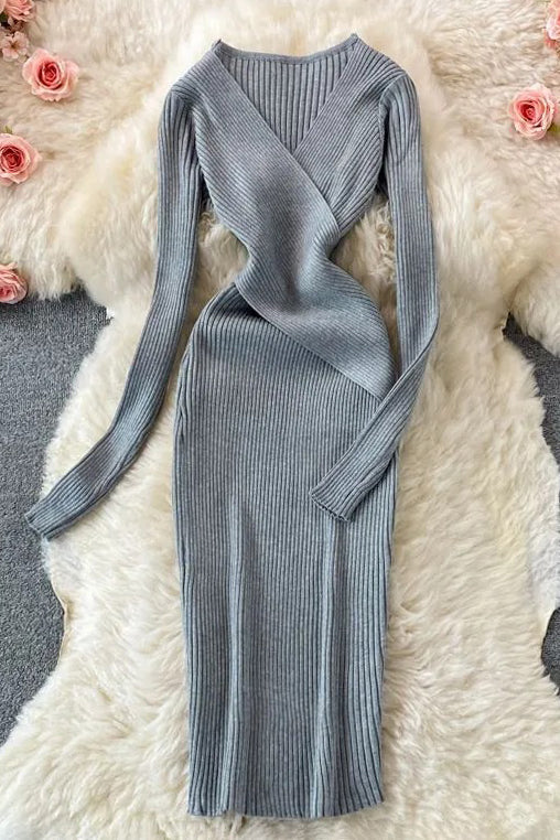 Dress Elegant Cross V-neck Slim Waist Knitted Bodycon Dress