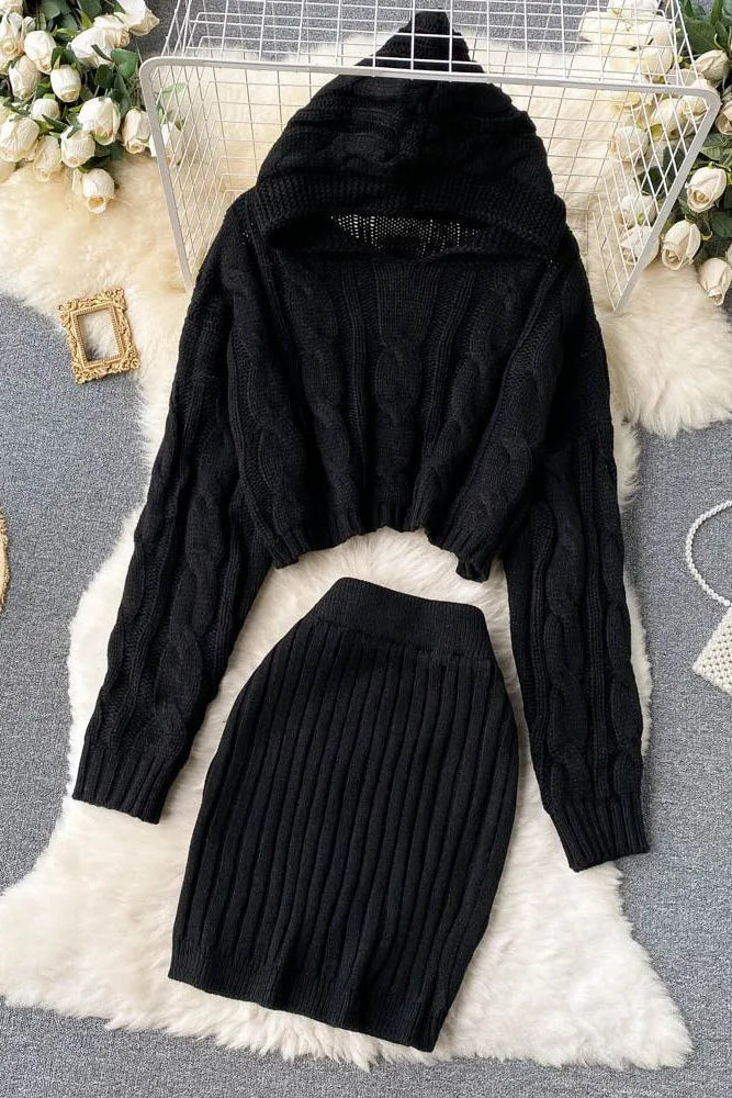 Hooded Sweaters Tops + Skinny High Waist Mini Skirts Two PCS Suits