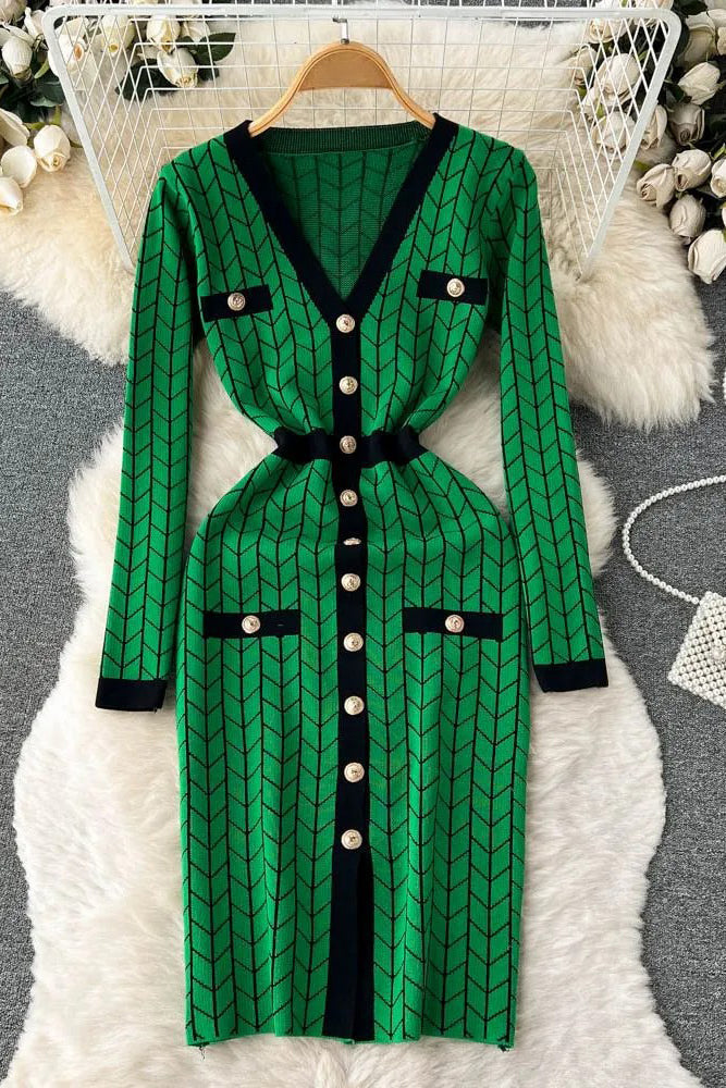 Dress V-neck Buttons Split Knitted Sweater Dress