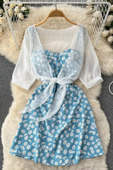 Daisy Flower Print Two Piece Set Dress Strap Vacation Short Dress and Shawl