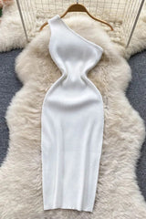 Dress One Shoulder Knitted Bodycon Dress Office Lady Outfits Elegant Dress