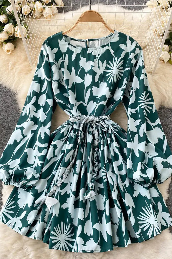 Print Short Dress Casual Long Sleeve Sash Bandage Dress