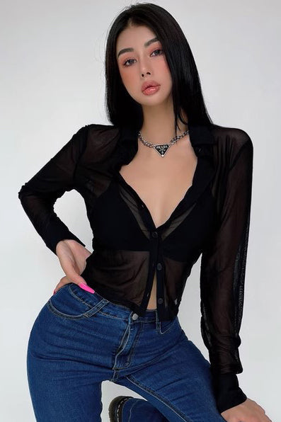 Thin Perspective Mesh Long Sleeve Shirt