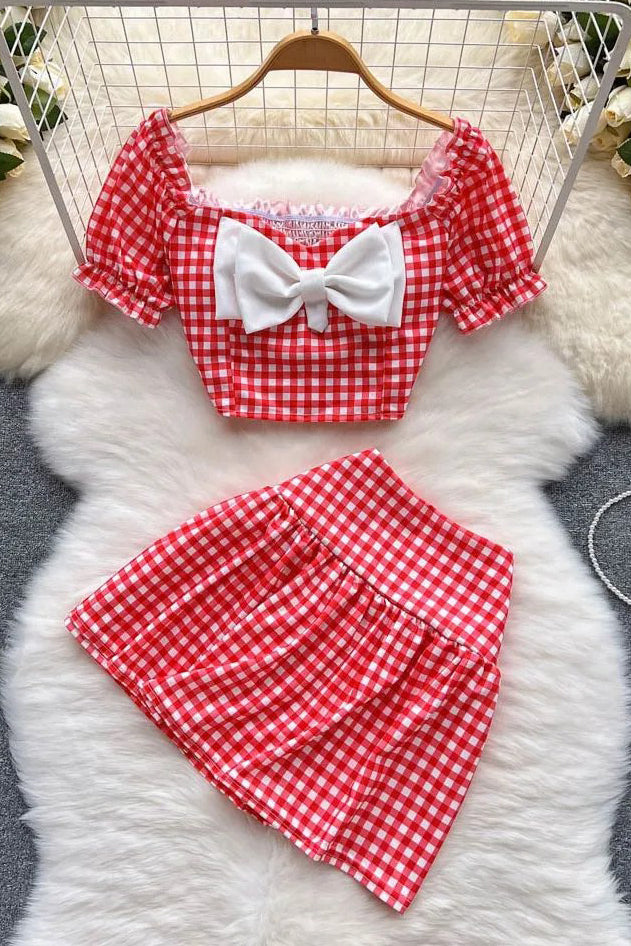 Sweet Bow Plaid Crop Tops + Slim High Waist Mini Skirts Two Piece Suits