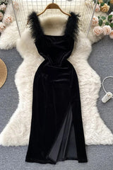 Elegant Dress Fur Patchwork Straps Velvet Bodycon Vestidos Lady Party Vestidos Dress