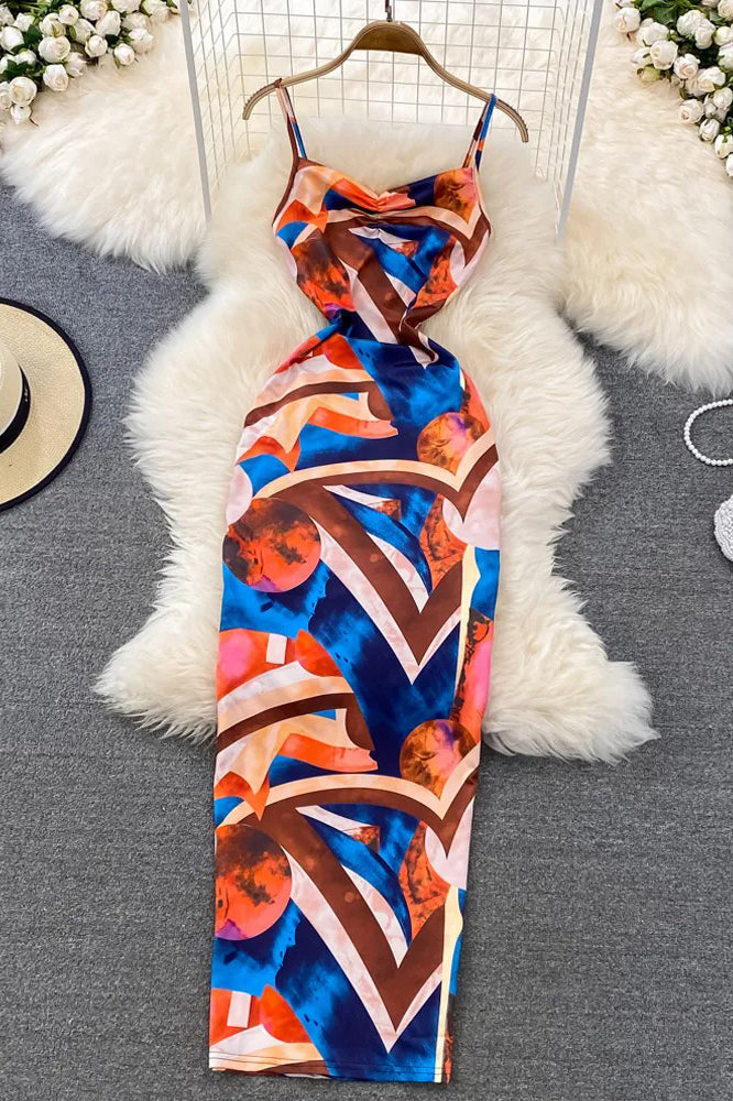 Colorful Print Dress Slim Elastic Straps Bodycon Long Dress
