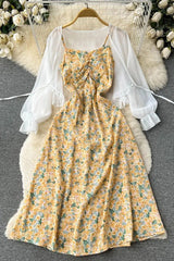 Floral Print Strap Dress + Chiffon Shawl Vacation Two Piece Suits