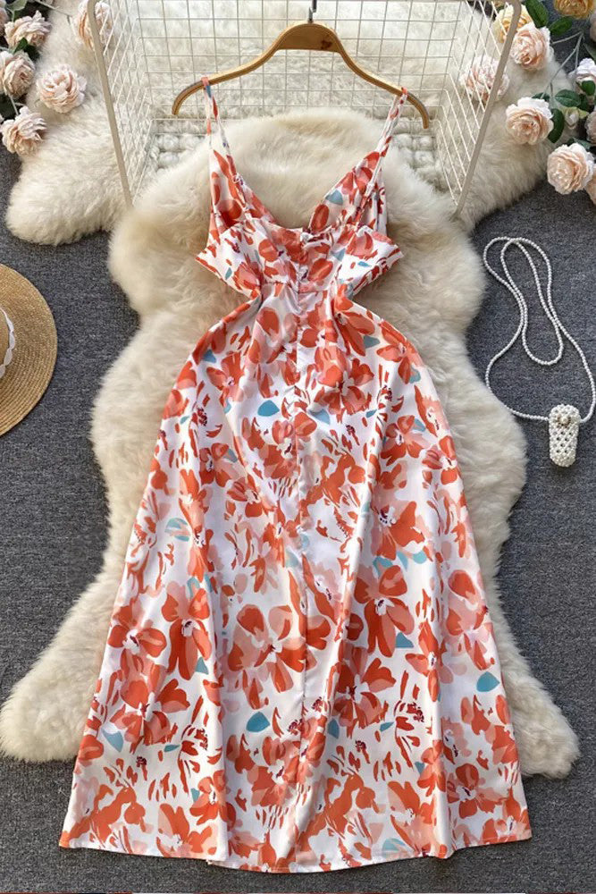 Colorful Flowers Print Dress Knot V-neck High Waist Straps Long Vestidos Dress