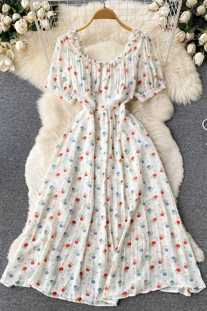 Dress Romantic Floral Print Square Collar Ruffles Pleated Dress Long Sundress