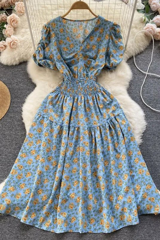 Dress Slim Elastic Waist Corset Floral Print Long Dress